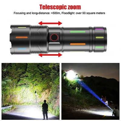 Picture of High Power White Laser LED Flashlight with Luminous Strips 3000 Meter Long-Range TYPE-C Rechargeable Zoomable Camping Lamp_D Shop