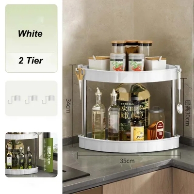 Picture of 2 layer Kitchen Spice Rack Shelf Countertop Corner Multifunctional Seasoning Supplies Rack Saving Spice Rack Organizer with Hooks
