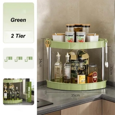 Picture of 2 layer Kitchen Spice Rack Shelf Countertop Corner Multifunctional Seasoning Supplies Rack Saving Spice Rack Organizer with Hooks