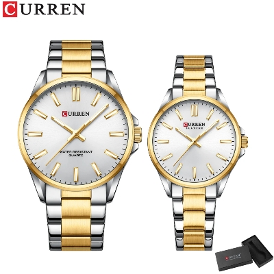 Picture of CURREN 9090 Couple Quartz Watch Bracelet For Stainless Steel Analog Fashion Creative Leisure Round Watch - SILVER & GOLDEN WHITE