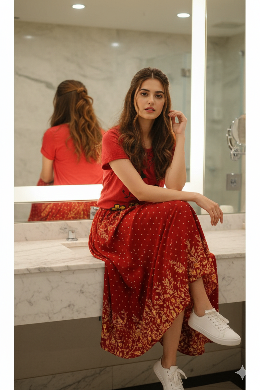 Picture of Polyster fabrics print skirt for teenager girls-Maroon