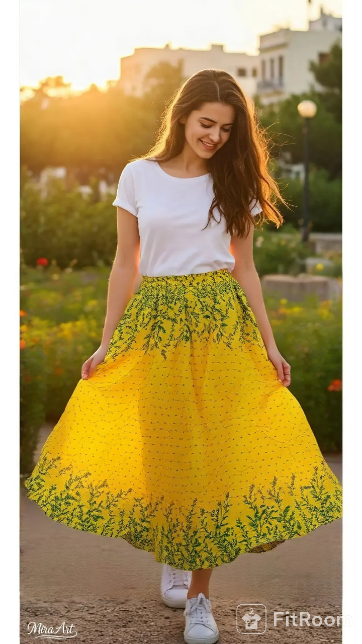 Picture of Polyster fabrics print skirt for teenager girls-yellow