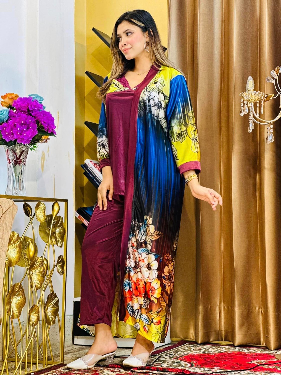 Picture of  A stunning 3 part night dress with digital print on China Glaze fabric Nighty for womans