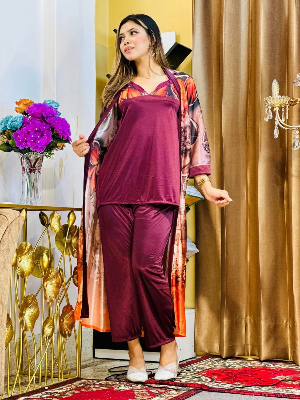 Picture of  A stunning 3 part night dress with digital print on China Glaze fabric Nighty for woman