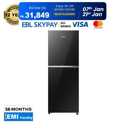 Picture of Hisense 238 Liter Top Mount Inverter Glass Door Frost Type Refrigerator (RT1G236NAB/BD3) Black