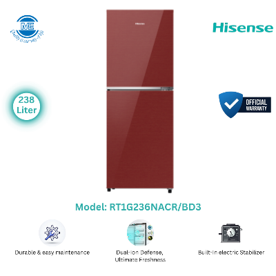 Picture of HISENSE 238 Liter TMF Glass Door Inverter Refrigerator Cherry Red | RT1G236NACR/BD3