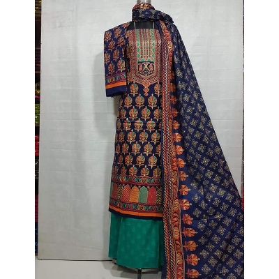 Picture of ডিজিটাল অরবিন্দু বয়েলের উপর রং পাকা স্ক্রীন প্রিন্ট থ্রি পিচ-Skin Print Cotton Three Piece For Women