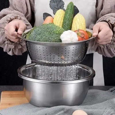 Picture of Germany Multifunctional Stainless Steel Basin Set Mixing Bowl Set Grater Bowl 3 In 1 Salad Maker Bowl Mixing Bowl Set With Drain_D Shop