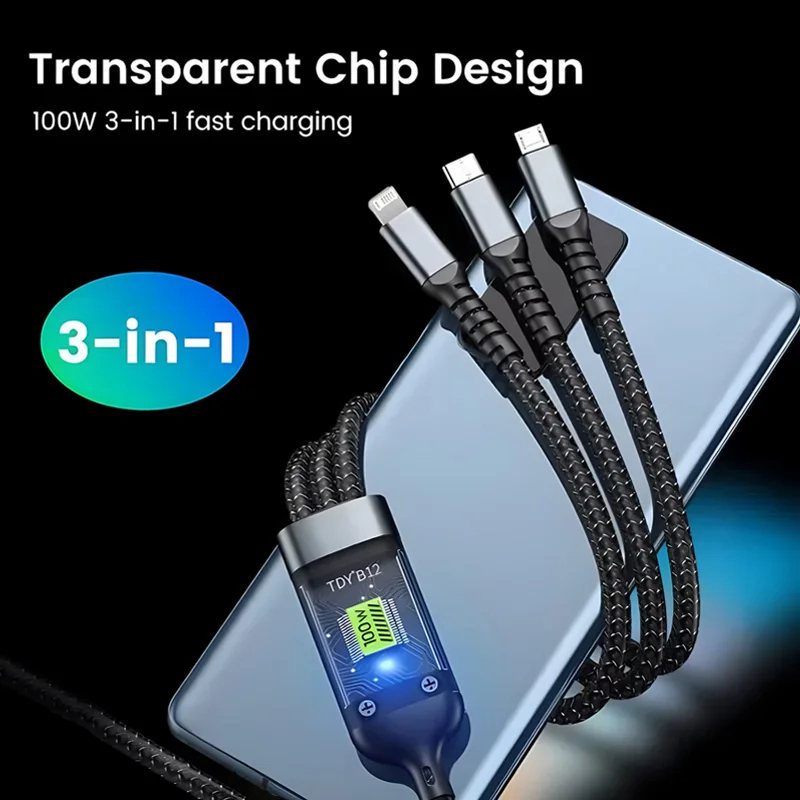 Picture of 3-in-1 100W 5A Fast Charging USB To Type-C Micro Fast Charger Cable For iPhone 15 14 Samsung Xiaomi Huawei