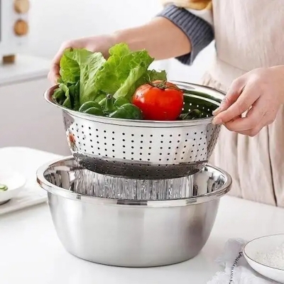 Picture of Germany Multifunctional Stainless Steel Basin Set Mixing Bowl Set Grater Bowl 3 In 1 Salad Maker Bowl Mixing Bowl Set With Drain_D Shop
