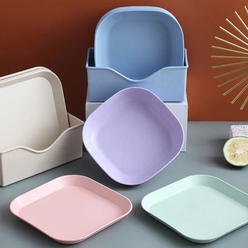 Picture of 10Pcs Square Wheat Straw Plates Salad Bowl Reusable Food Serving Dishes with Rack_D Shop