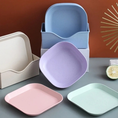 Picture of 10Pcs Square Wheat Straw Plates Salad Bowl Reusable Food Serving Dishes with Rack_D Shop