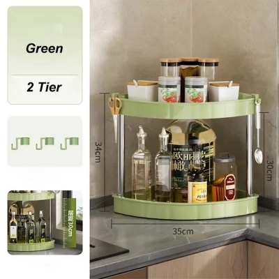 Picture of 2 layer Kitchen Spice Rack Shelf Countertop Corner Multifunctional Seasoning Supplies Rack Saving Spice Rack Organizer with Hooks