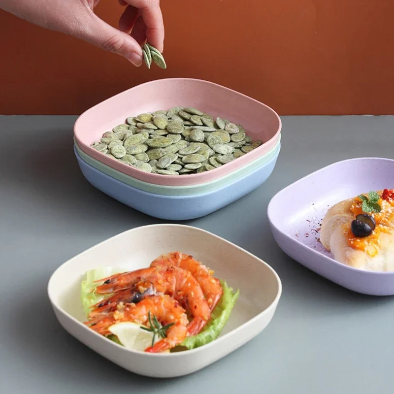 Picture of 10Pcs Square Wheat Straw Plates Salad Bowl Reusable Food Serving Dishes with Rack_D Shop