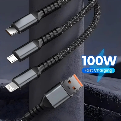 Picture of 3-in-1 100W 5A Fast Charging USB To Type-C Micro Fast Charger Cable For iPhone 15 14 Samsung Xiaomi Huawei