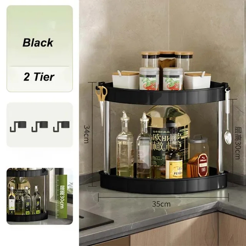 Picture of 2 layer Kitchen Spice Rack Shelf Countertop Corner Multifunctional Seasoning Supplies Rack Saving Spice Rack Organizer with Hooks