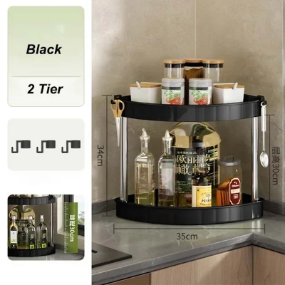 Picture of 2 layer Kitchen Spice Rack Shelf Countertop Corner Multifunctional Seasoning Supplies Rack Saving Spice Rack Organizer with Hooks