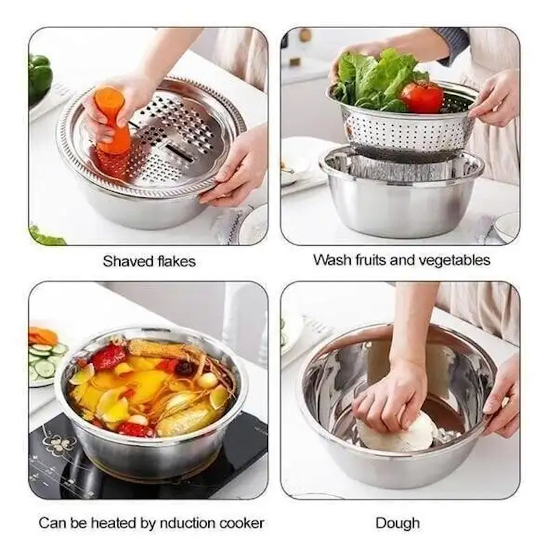 Picture of Germany Multifunctional Stainless Steel Basin Set Mixing Bowl Set Grater Bowl 3 In 1 Salad Maker Bowl Mixing Bowl Set With Drain_D Shop
