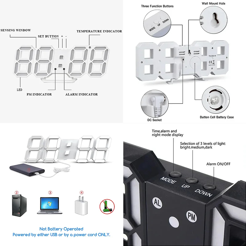 Picture of D Shop (22.4cm X 8.2cm) Glowing Night Mode Date Temperature Display Precise Digital Clock 3D LED Electronic Table Clock-White