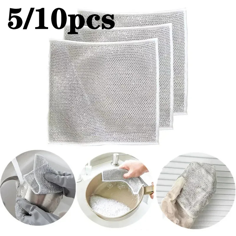 Picture of 3/5/10pc Kitchen Cleaning Cloths Multi-purpose Wire Dishcloth Kitchen Cooktop Dishwashing Cloths Wet & Dry Dishcloth Daily Cleaning Cloth