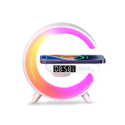 Picture of Wireless Charging Light Up Speaker G Shape LED Wireless Table Speaker Color Changing Alarm Clock Charger Stand Bedside Light (Charging only For Iphone)