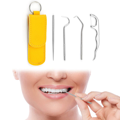 Picture of 4pcs Portable Stainless Steel Toothpick Dental Floss Oral Care Teeth Cleaning For Outdoor