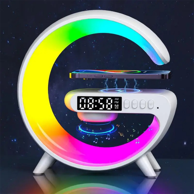 Picture of Wireless Charging Light Up Speaker G Shape LED Wireless Table Speaker Color Changing Alarm Clock Charger Stand Bedside Light (Charging only For Iphone)
