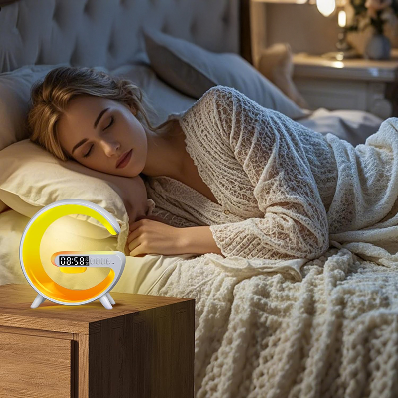 Picture of Wireless Charging Light Up Speaker G Shape LED Wireless Table Speaker Color Changing Alarm Clock Charger Stand Bedside Light (Charging only For Iphone)