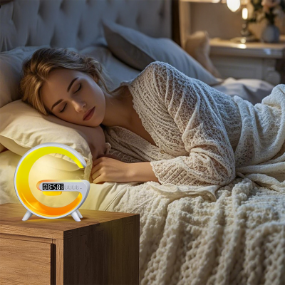 Picture of Wireless Charging Light Up Speaker G Shape LED Wireless Table Speaker Color Changing Alarm Clock Charger Stand Bedside Light (Charging only For Iphone)
