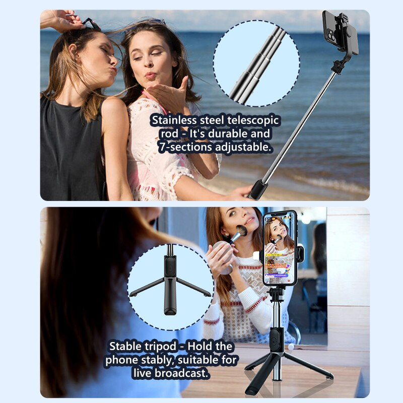 Picture of Q07 Selfie Stick Foldable Mini Tripod with Fill Light Bluetooth Remote Shutter Retractable Rod for Phone (100cm)