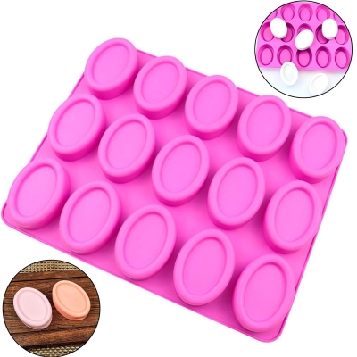 Picture of 15 Cavities Oval Silicone Soap Mold Purple Circular DIY Candle Resin Making Set Chocolate Jelly Biscuit Cake Ice Mould