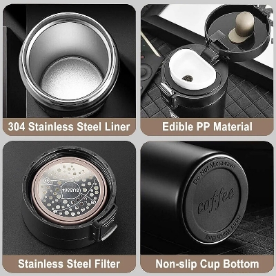 Picture of Vacuum Insulated Stainless Steel Tea Coffee Mug Thermos Flask Travel Mug Tumbler with Flip Lid Mesh Strainer Hot and Cold for Office Backpacking