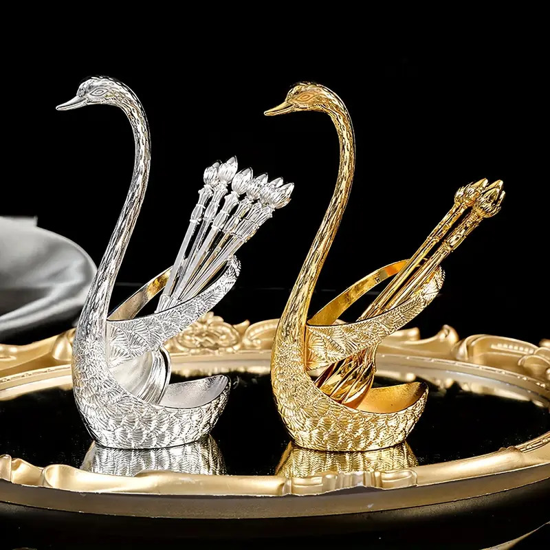 Picture of 1 set of 7pcs European-style light luxury swan spoon rest, Western restaurant tableware storage, home kitchen and restaurant table accessories, can hold spoons, forks, chopsticks
