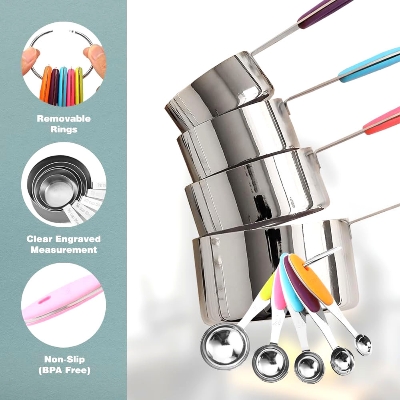 Picture of Stainless Steel Measuring Cups and Spoons Set of 09 Piece, Premium Nesting Metal Measuring Cups Set with Silicone Handles for Dry and Liquid Ingredients, Cooking & Baking