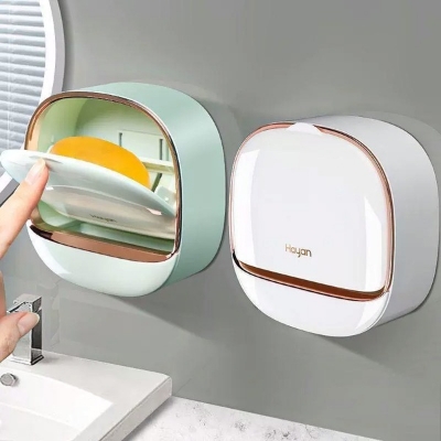 Picture of Wall Hanging Flip Soap Box Toilet Soap Box Wall Hanging with Lid Punch-free Soap Box with Lid with Draining Light Luxury