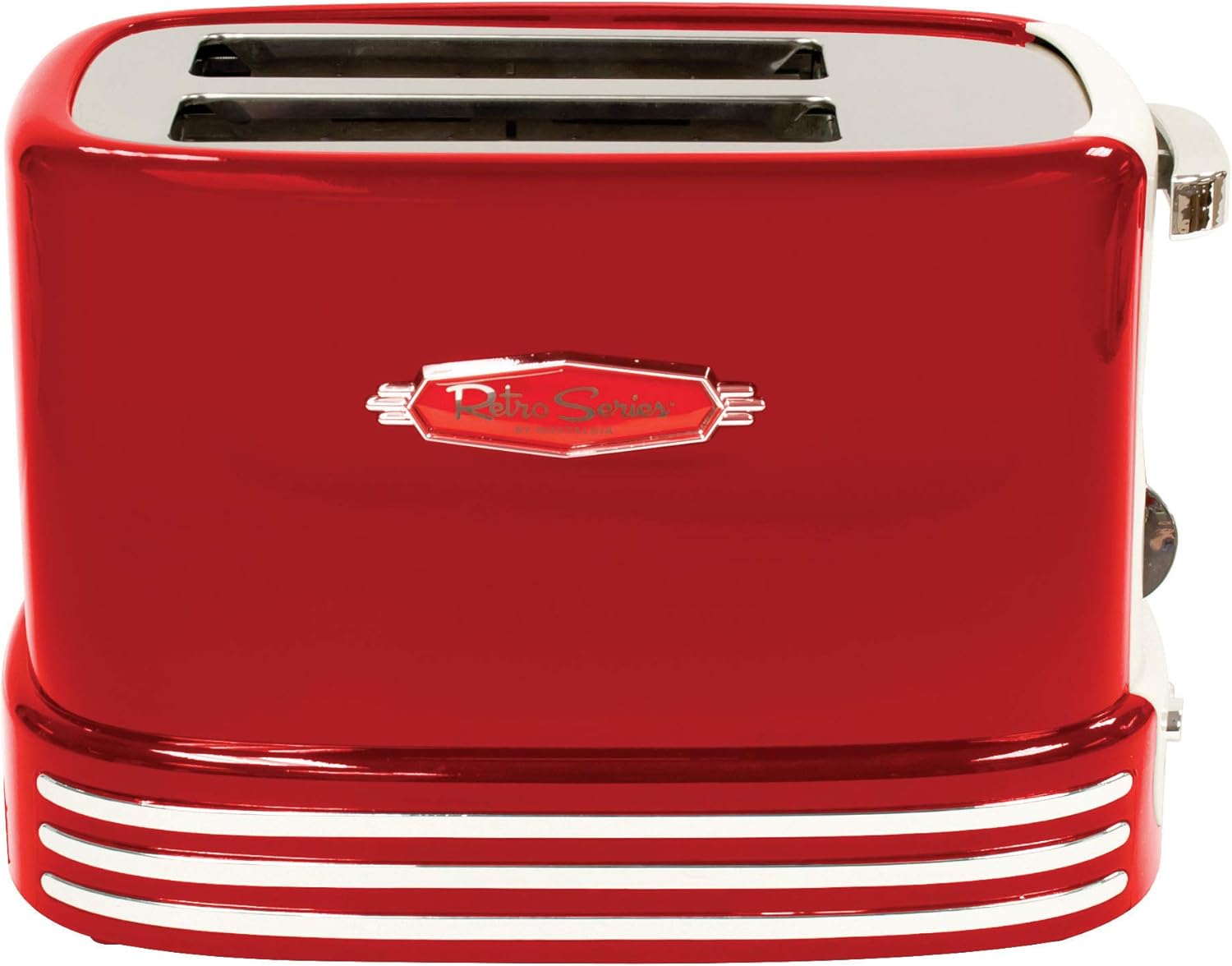 Picture of Nostalgia New and Improved Wide 2-Slice Toaster Perfect for Bread, English Muffins, Bagels, 5 Browning Levels, with Crumb Tray & Cord Storage, Retro Red