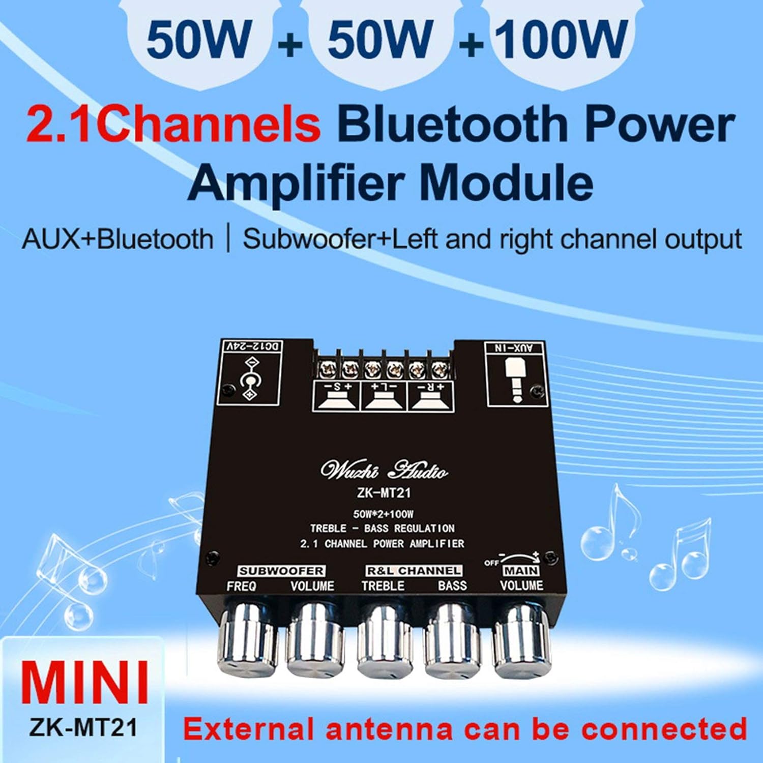 Picture of ZK-MT21 2.1 Channel 5.0 Subwoofer Amplifier Board 50WX2+100W Power Audio Stereo Amplifier Board Bass AMP AUX