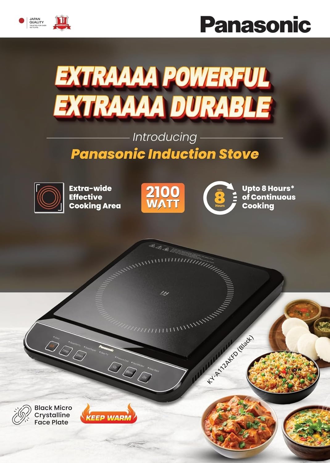 Picture of Panasonic KY-A112AKFD -Induction Cooker 2100W , Automatic Voltage Regulator and Safety Cut Off, Up to 8 Hours Cooking Time, 7 Preset Menus and Wider Cooking Area