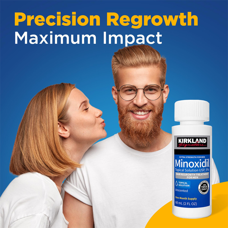 Picture of Kirkland Minoxidil 5% Topical Solution Extra Strength Hair Regrowth Treatment for Men Hair & Beard Drop + Derma Roller Free - (1 month supply) - MNXMC