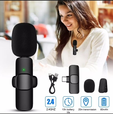 Picture of K8 Wireless Microphone for YouTube Vlogging, Video Recording Online Classes with Noise Cancellation Mic Supports - Black