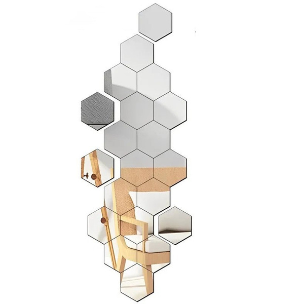 Picture of 12 Pcs Hexagonal Acrylic Mirror Wall Stickers | Self Adhesive DIY 3D Wall Decor for Home, Bedroom & Living Room