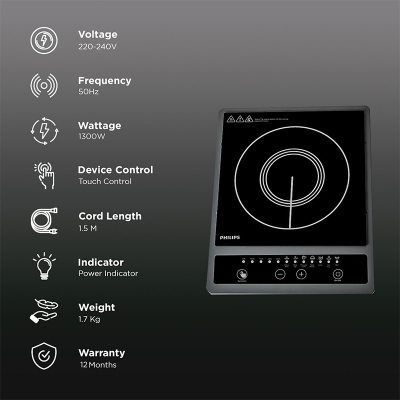 Picture of Philips HD4944 Induction Cooker 1000-Series – 1500W| Designed for fast, Energy-efficient, and safe cooking, 8 Preset Cooking Menus, Advanced Heating Technology