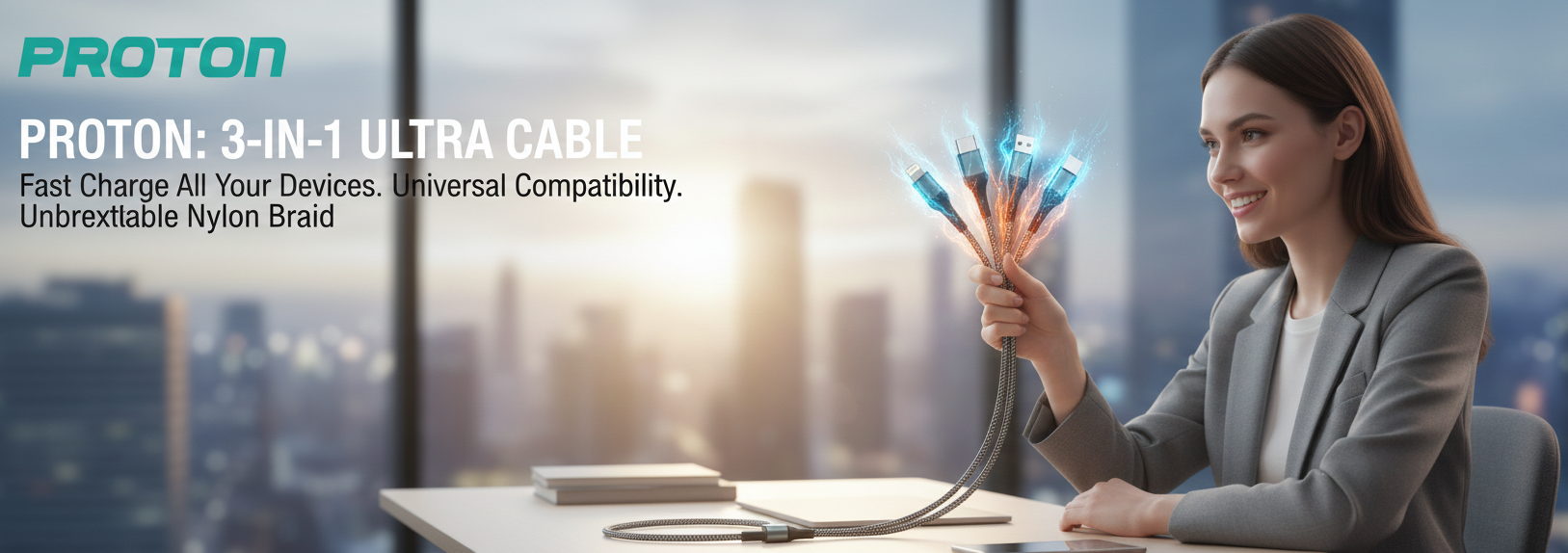 Picture of Proton Fast Charging-USB Cable-Spark- 3 IN 1 Nylon Braided  USB 3in1 Cable 