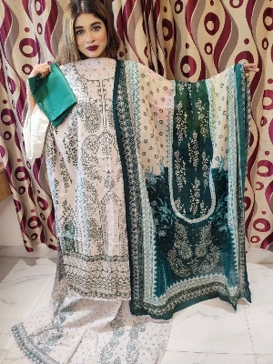 Picture of three pice Pakistani jum jum  swiss cotton loan