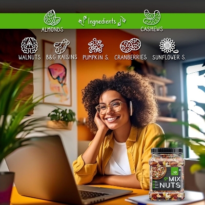 Picture of Healthy Nutmix Jar Pack Mixed dry Fruits MIX NUTS Premium Blend of Dried Almonds, Cashews, Black & Green Raisins, Cranberries & More  250g