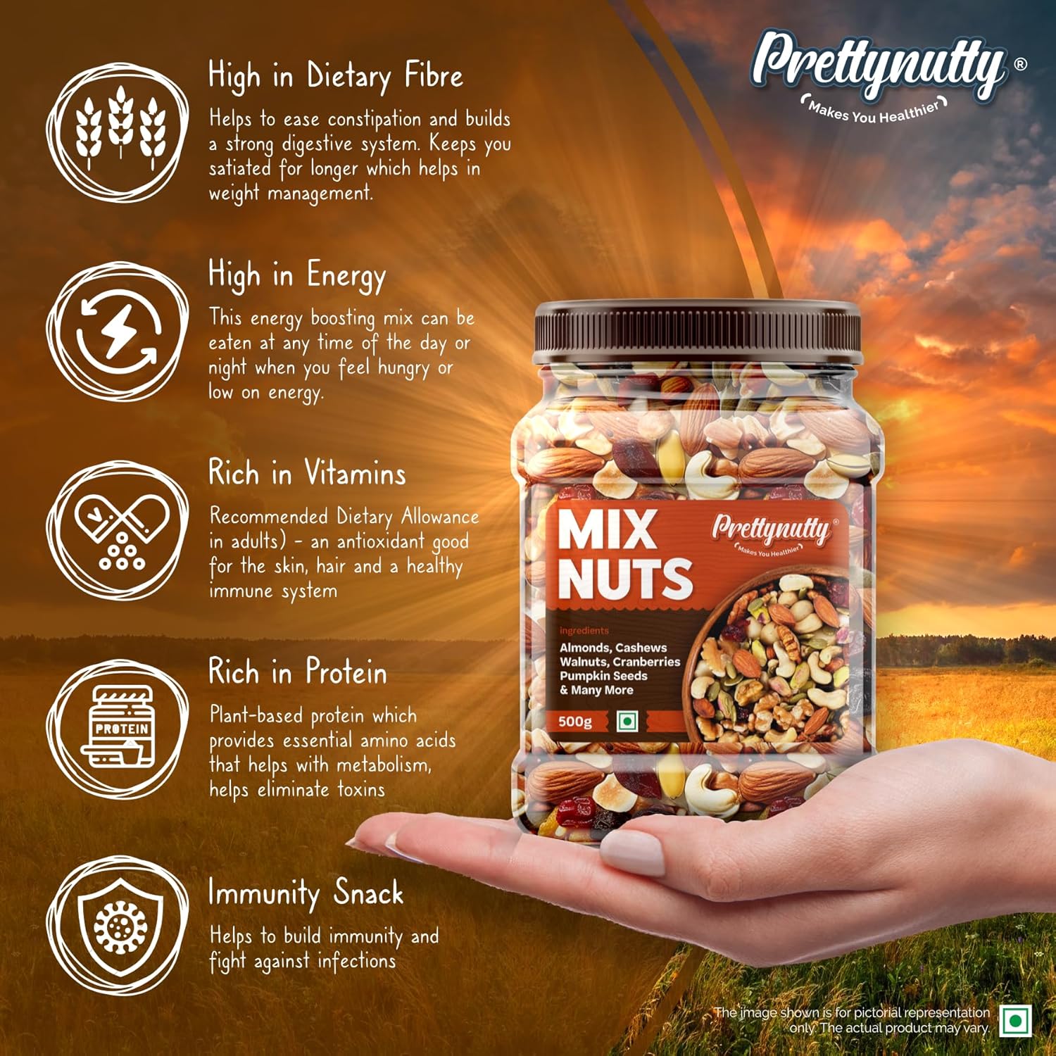 Picture of PrettyNutty Healthy Nutmix  Dried Almonds, Black Raisins, Cashewnuts, Cranberries,  & Many More 500g