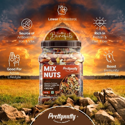 Picture of PrettyNutty Healthy Nutmix  Dried Almonds, Black Raisins, Cashewnuts, Cranberries,  & Many More 500g