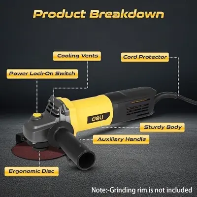 Picture of Deli DL-JM100-E1 750W Angle Grinder 100mm Corded Electric Heavy Duty with 12000 RPM Spindle Lock Toggle Switch & Auxilary Handle for Grinding Polishing Cutting -Multicolor