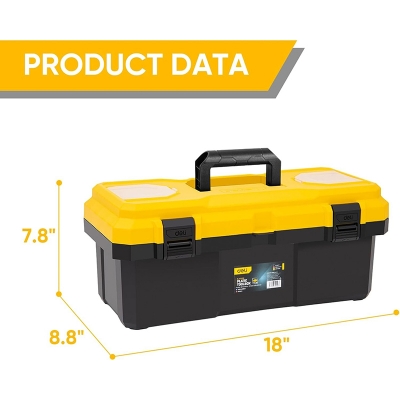 Picture of DELI 18-inch Tool Box with Removable Tray, Small Parts Organizer in Lid, Plastic Small Tool Box with Lock Secured and Handle, Black/Yellow -Multicolor