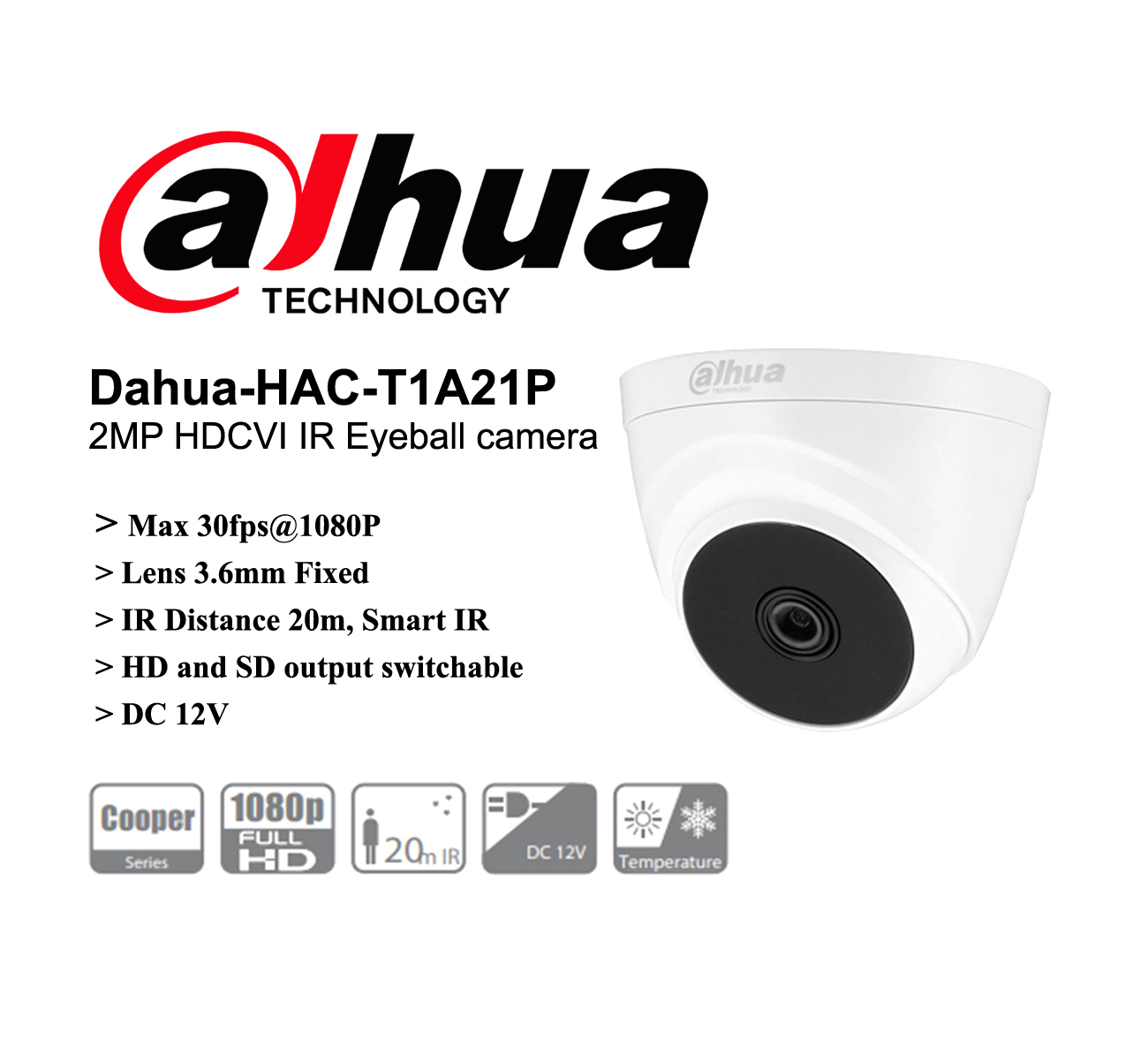 Picture of Dahua DH-HAC-T1A21P HDCVI IR Eyeball CCTV Camera 2MP 1080P Dome Camera